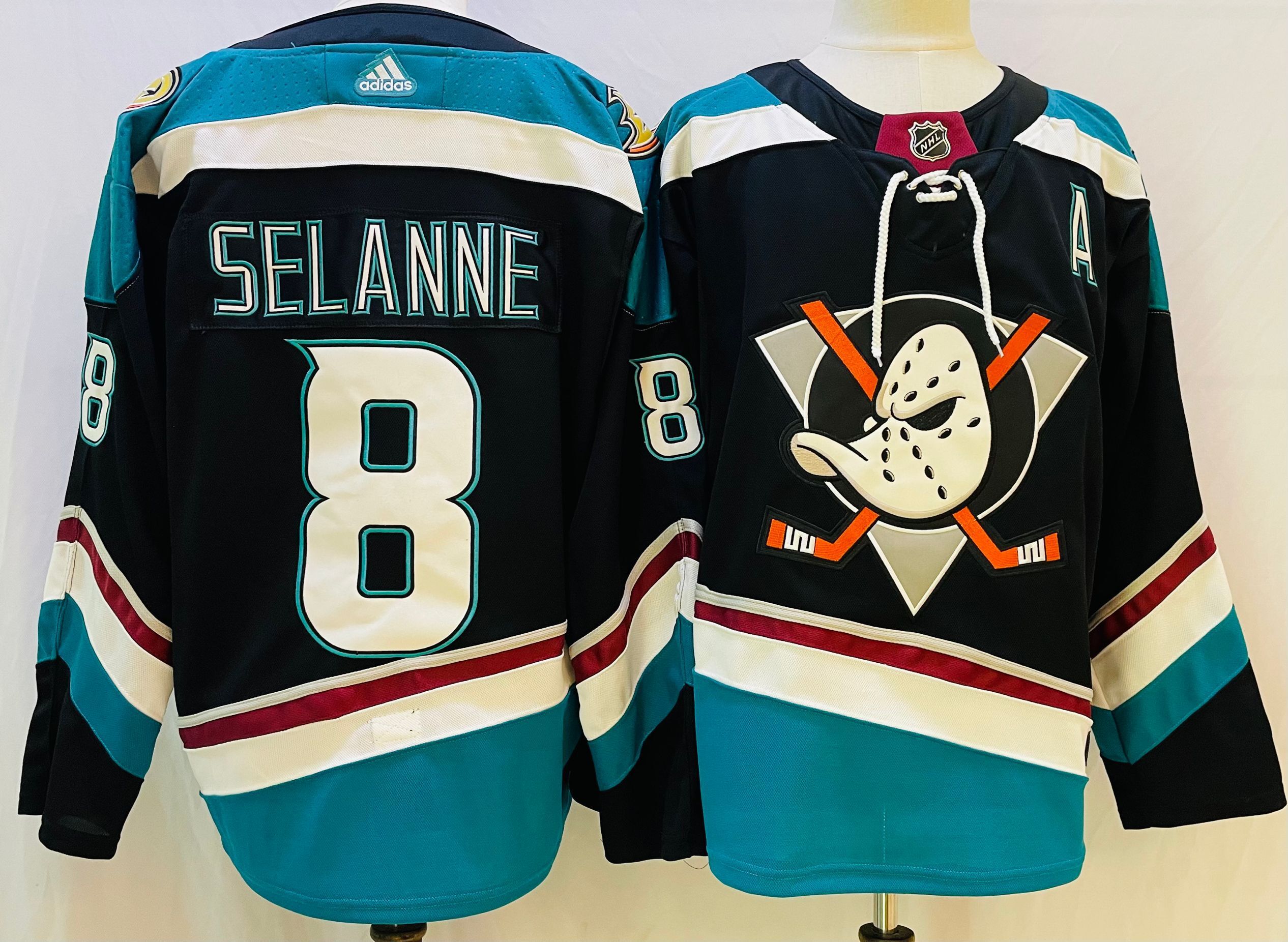 Men Anaheim Ducks #8 Selanne Black Throwback 2022 Adidas NHL Jersey